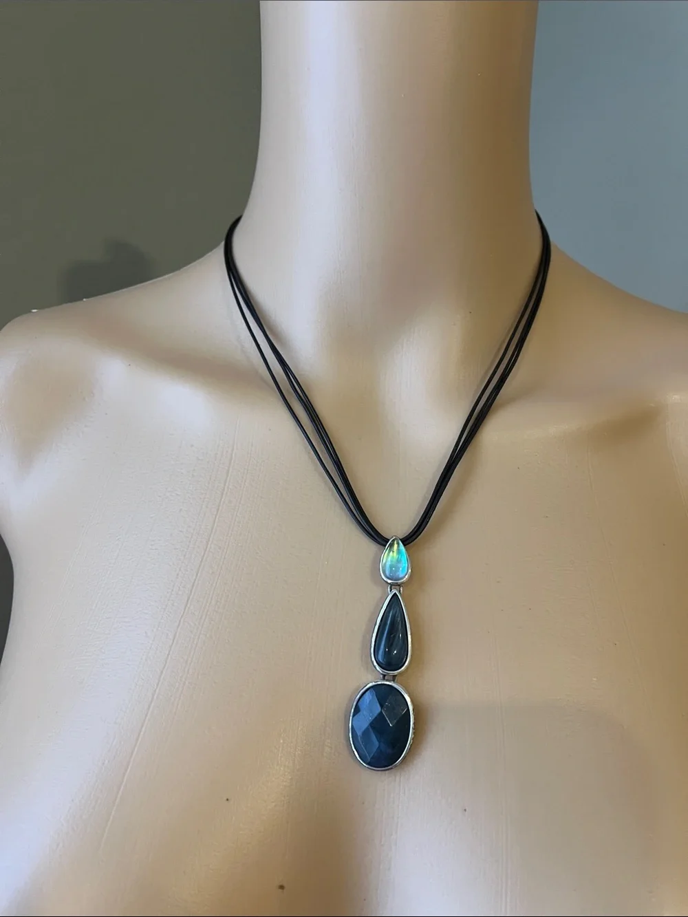 Silver Black and Blue Triple Drop Pendant Necklace and Earrings